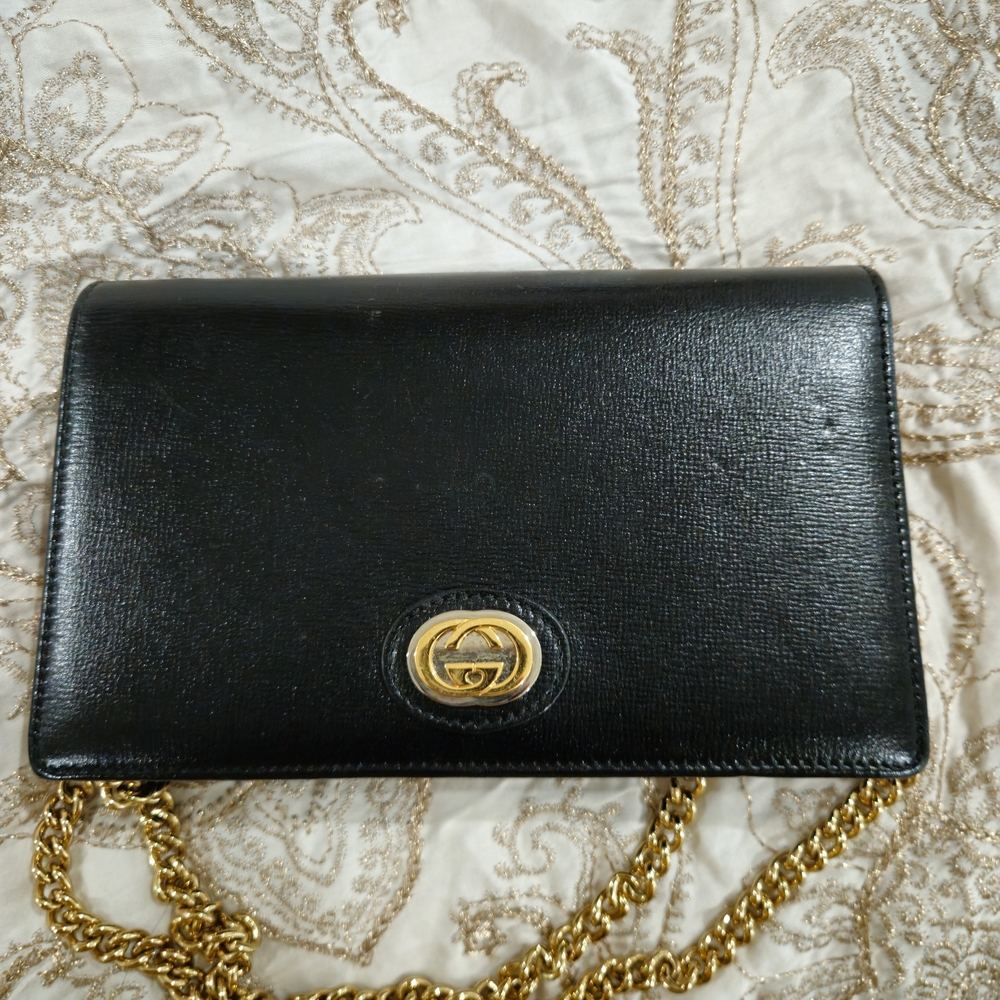 Gucci Black Leather Crossbody Bag with Gold Chain and Double G